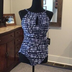 Ellen Tracy Blue and White One Piece Swimsuit